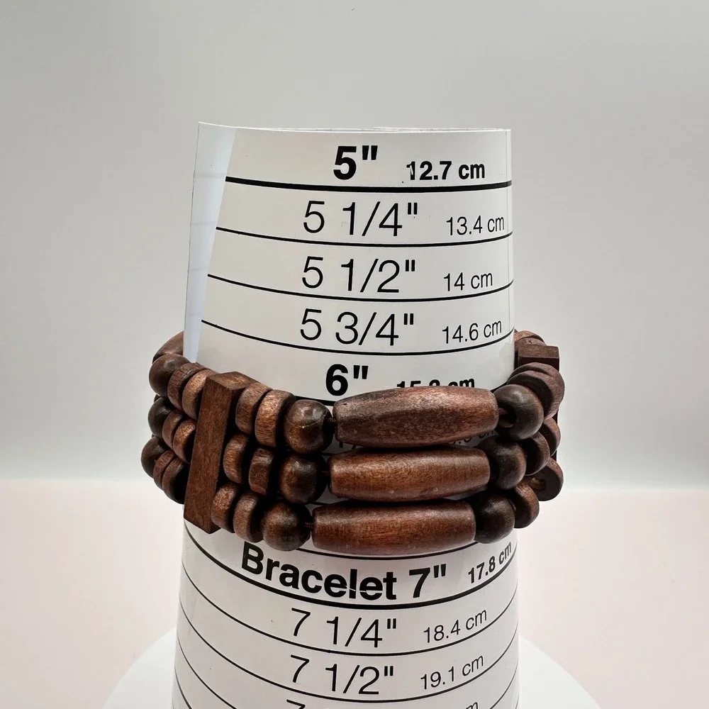 Vintage 90s Brown Three Row Wood Bead Stretch Cord Bracelet Jewelry Statement